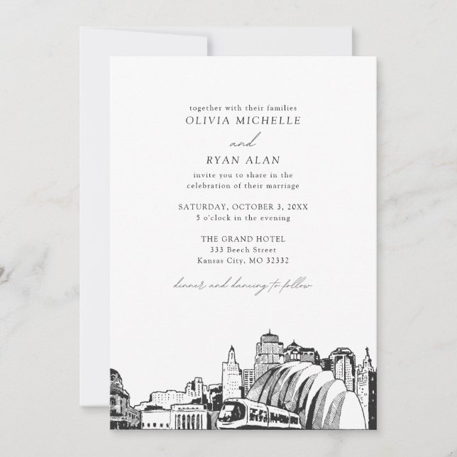 Invitation Mariage moderne Kansas City Skyline noir et blanc (Devant)