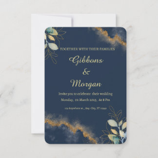 Invitation Mariage Moderne Lavis Aquarelle Bleu Foncé Or
