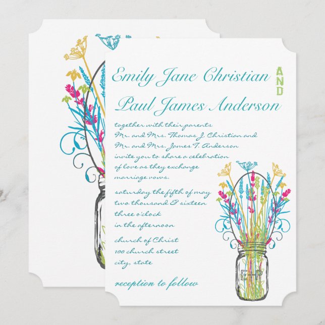 Invitation Mariage moderne Mason Jar Aqua rose jaune citron (Devant / Derrière)