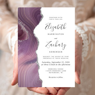 Invitation Mariage Moderne Mauve Argent Agate