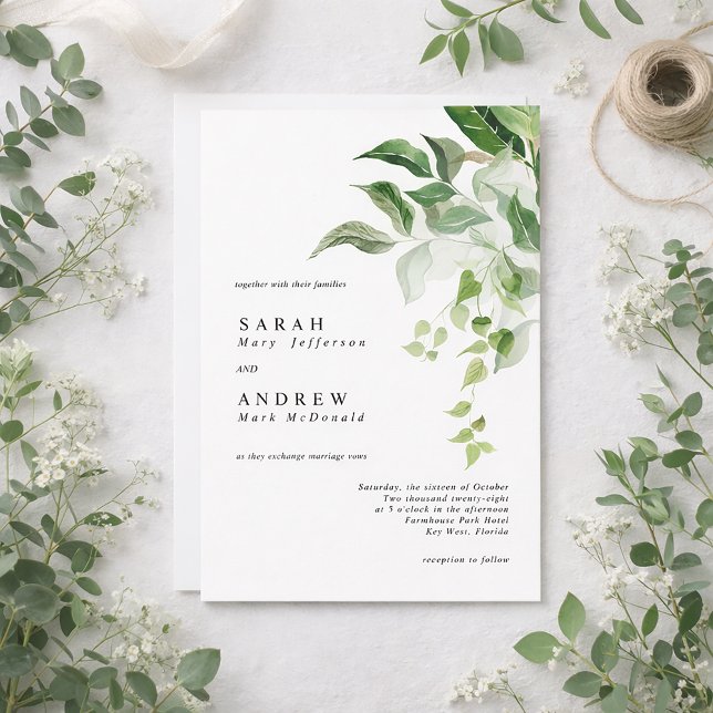 Invitation Mariage Moderne Minimaliste à Feuillage Vert (Créateur téléchargé)
