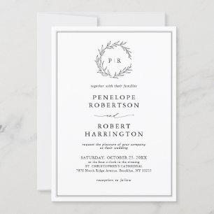 Invitation Mariage moderne minimaliste à feuille noire et bla