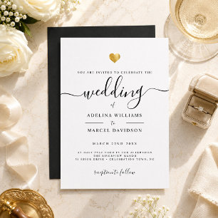 Invitation Mariage Moderne Minimaliste Calligraphie Cœur Or