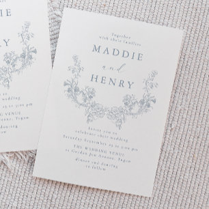 Invitation Mariage Moderne Minimaliste Fleur Bleu Art Linéair