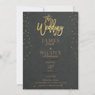 Invitation Mariage Moderne Minimaliste Gris Or Feuille Photo 