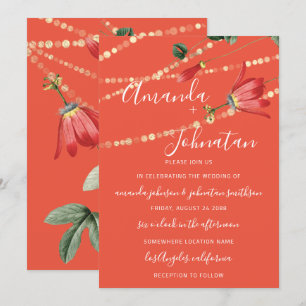 Invitation Mariage Moderne Monogramme Vivid Coral Lumières Or