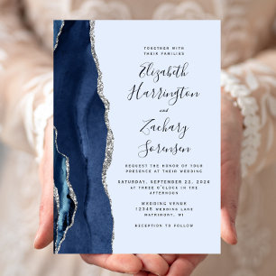 Invitation Mariage Moderne Navy et Agate Argent Bleu Pâle