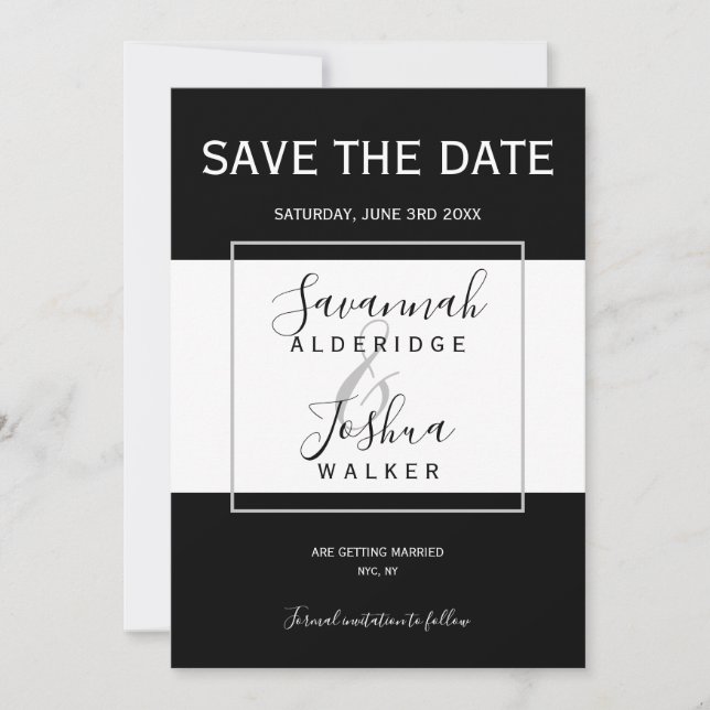 Invitation Mariage Moderne Noir, Blanc, Gris Save the Date (Devant)