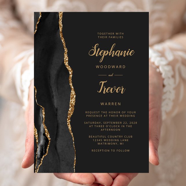Invitation Mariage Moderne Noir Or Agate Foncé (Créateur téléchargé)