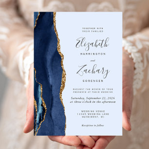 Invitation Mariage Moderne Or Agate Bleu Clair