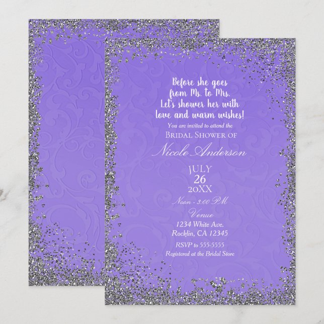 Invitation Mariage Moderne Pailleté Argent Texture Violette (Devant / Derrière)