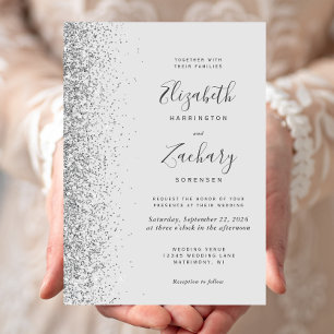 Invitation Mariage Moderne Paillettes Argent Bord Gris Pâle