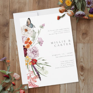 Invitation Mariage Moderne Papillon Fleur Sauvage Aquarelle