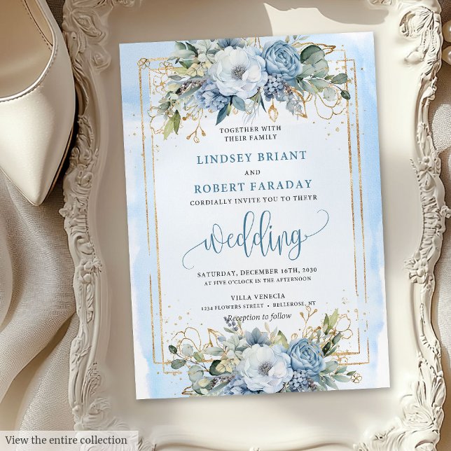 Invitation Mariage moderne Pastel Bleu Bleu Fleurs d'or Blanc (Modern Pastel Blue White Gold Flowers Wedding Invitation )