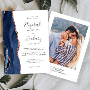 Invitation Mariage Moderne Photo Agate Bleu Nuit Or Rose