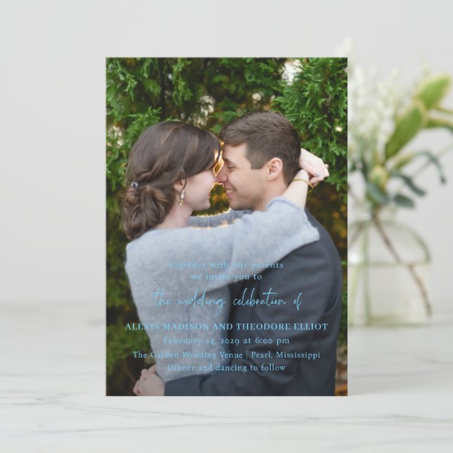 Invitation Mariage moderne photo bleu chic (Debout devant)