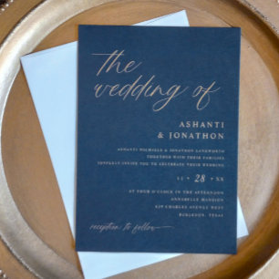 Invitation Mariage Moderne Romantique Bleu Nuit et Or