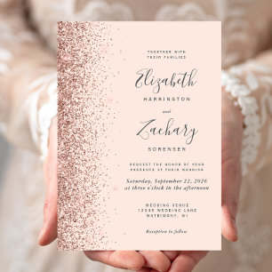 Invitation Mariage Moderne Rose Pâle Or Rose Pailleté Bordure