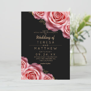 Invitation Mariage Moderne Rose Poudré Floral et Noir
