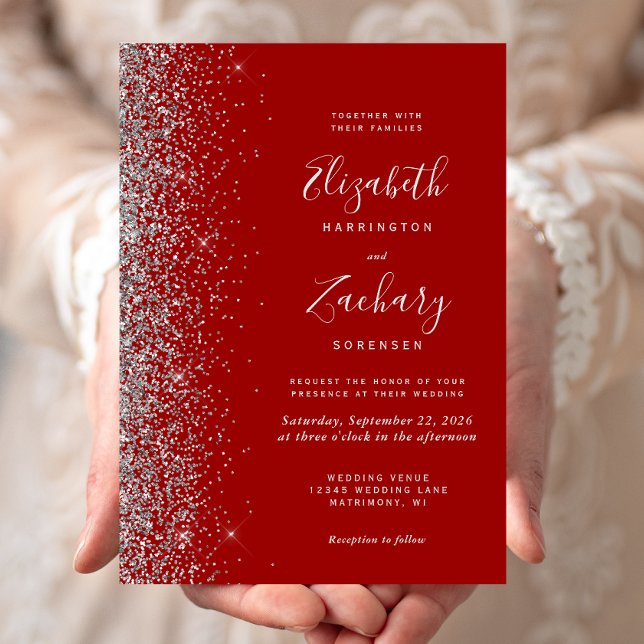 Invitation Mariage Moderne Rouge Cramoisi Argent Paillettes B (Créateur téléchargé)