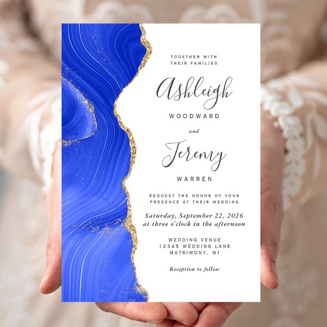 Invitation Mariage moderne Royal Blue Gold Agate (Créateur téléchargé)