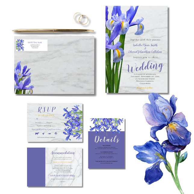 Invitation Mariage moderne Royal Blue Irises Floral White Dot (Créateur téléchargé)
