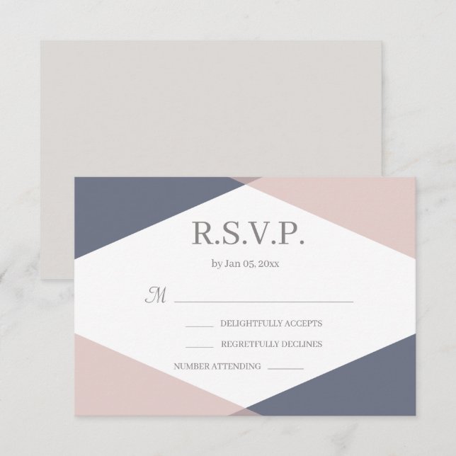 Invitation Mariage moderne RSVP géométrique rose Navy (Devant / Derrière)