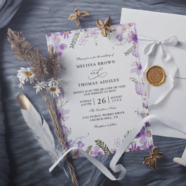 Invitation Mariage Moderne Rustique Fleur Violette Code QR Bu (Créateur téléchargé)