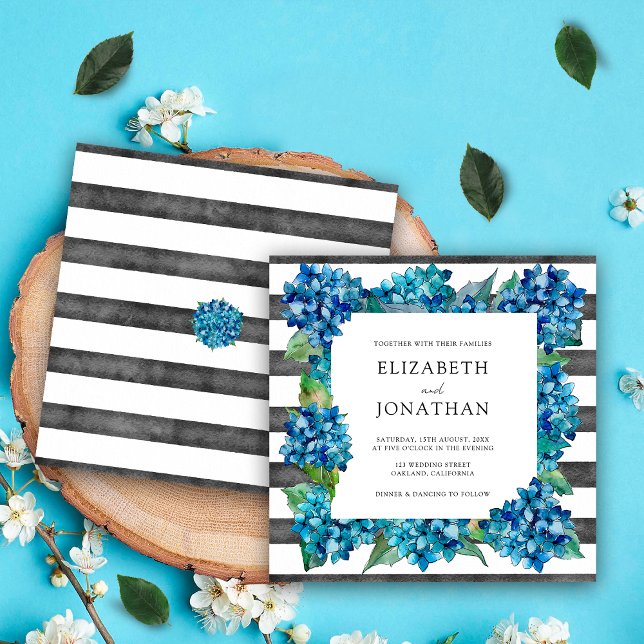 Invitation Mariage Moderne Rustique Gris Bleu Hydrangeas Rayé (Créateur téléchargé)