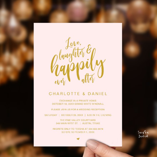 Invitation Mariage Moderne Rustique Script Pour Toujours (Modern Rustic Script Love Laughter and Happily Ever After Wedding Invitation Card in Gold Blush)
