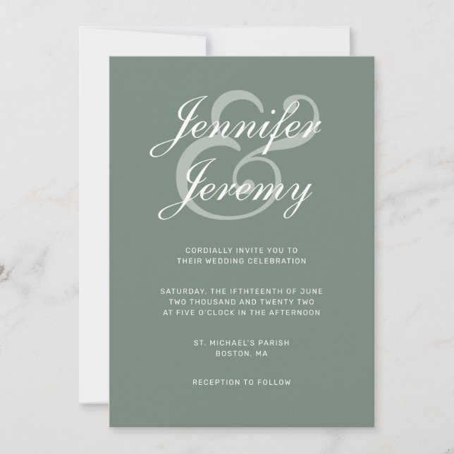 Invitation Mariage moderne Sage Green Elegant blanc Script In (Devant)