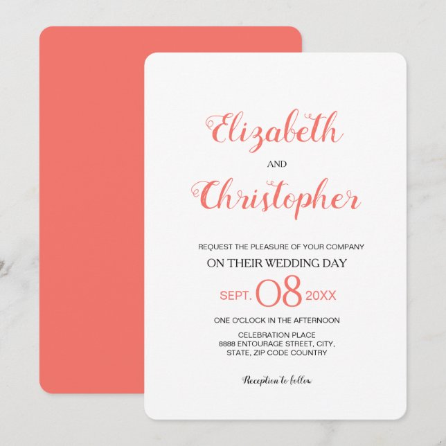 Invitation Mariage moderne Script Coral couleur (Devant / Derrière)