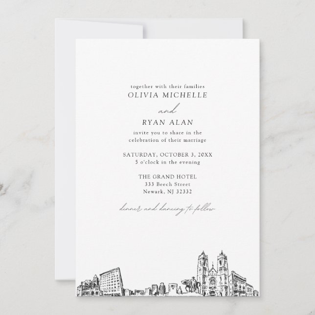Invitation Mariage moderne Skyline noir et blanc Newark (Devant)