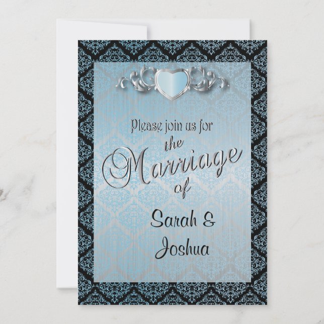 Invitation Mariage moderne tendance dans un Aqua Blue Damask (Dos)