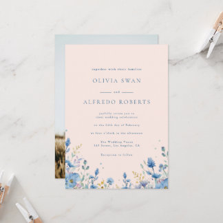 Invitation Mariage Moderne Terracotta Bleu Floral Avec Photo