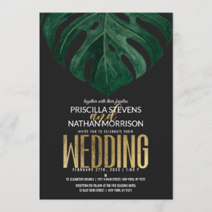 Invitation Mariage moderne Tropical Swiss Cheese Leaf Gold