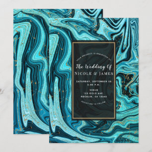 Invitation Mariage moderne Turquoise Blue & Gold Chic Swirl