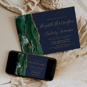 Invitation Mariage Moderne Vert Émeraude Agate Bleu Marine Or