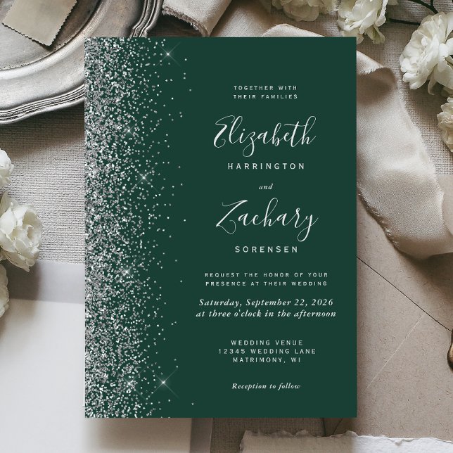 Invitation Mariage Moderne Vert Émeraude Argent Paillettes Fa (Créateur téléchargé)
