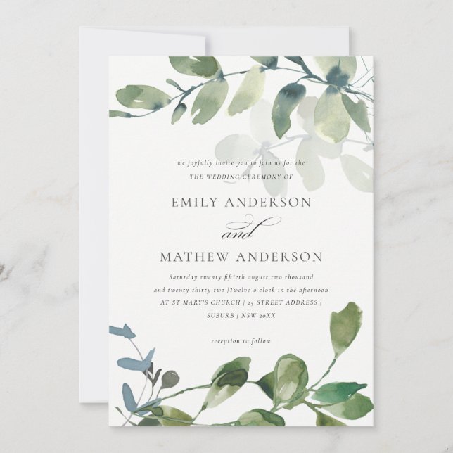INVITATION MARIAGE MODERNE VERT EUCALYPTUS FOLIAGE EAU COULEU (Devant)