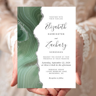 Invitation Mariage Moderne Vert Sauge Agate Argentée