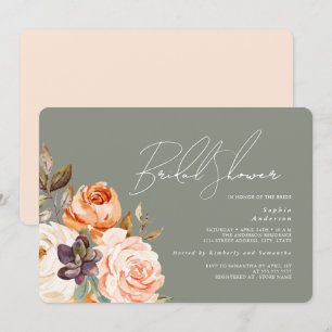 Invitation Mariage Moderne Vert Sauge Fleurs de Pêche pour un