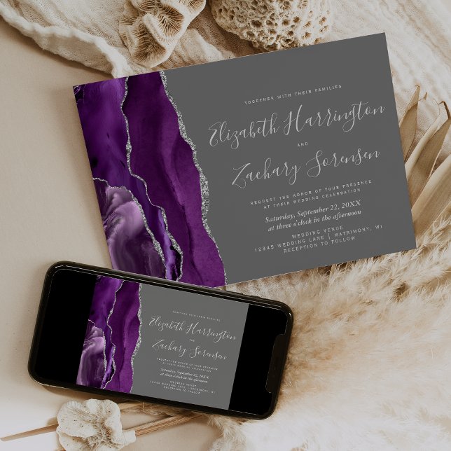 Invitation Mariage Moderne Violet Argent Agate Gris (Créateur téléchargé)