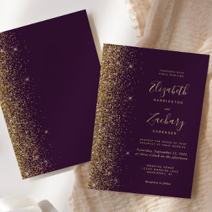 Invitation Mariage Moderne Violet Pourpre Paillettes Dorées s