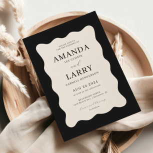 Invitation Mariage moderne Wavy Black et crème