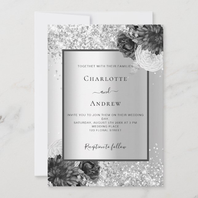 Invitation Mariage monochrome fleuri argenté (Devant)