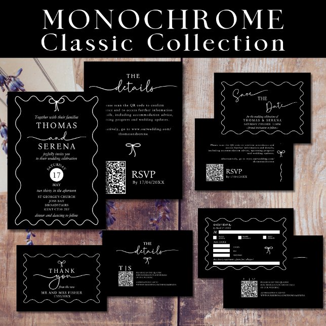 Invitation Mariage monochrome noir blanc QR Code Courbe d'ond (Créateur téléchargé)