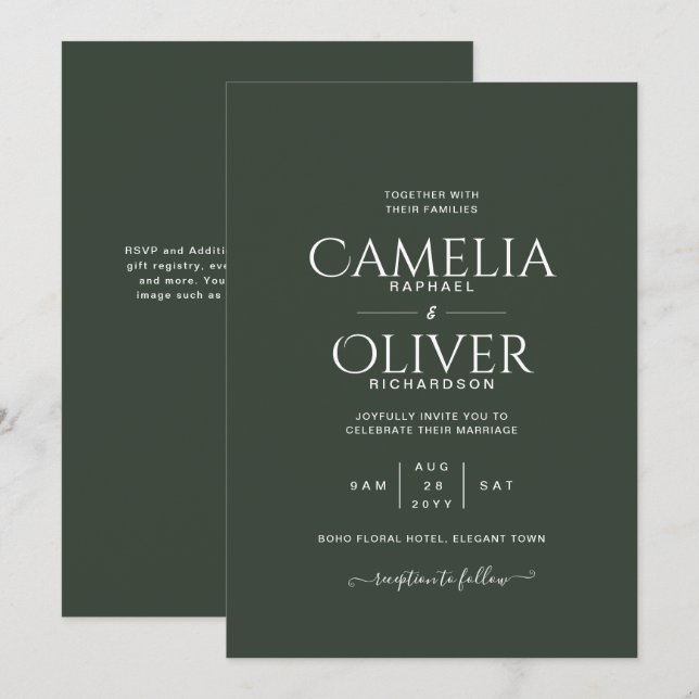 Invitation Mariage monochrome vert moderne (Devant / Derrière)