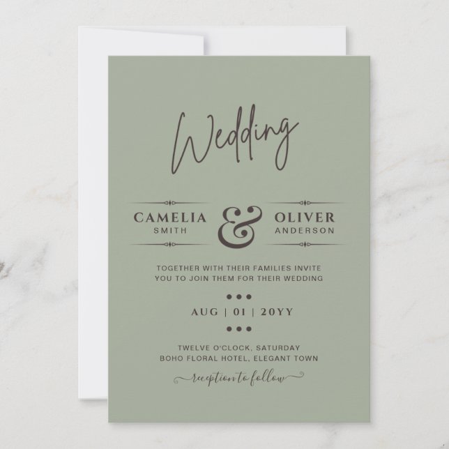 Invitation Mariage monochrome vert moderne (Devant)
