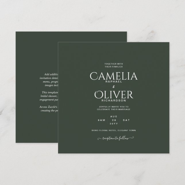 Invitation Mariage monochrome vert moderne (Devant / Derrière)